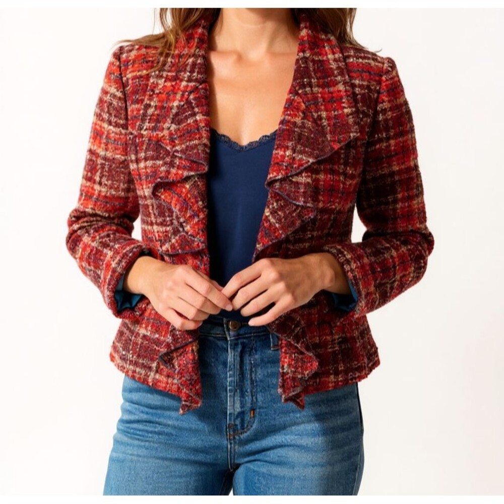 Anthropologie TABITHA MORETOWN Plaid Boucle Jacket with Ruffles Size 12 NO BELT
